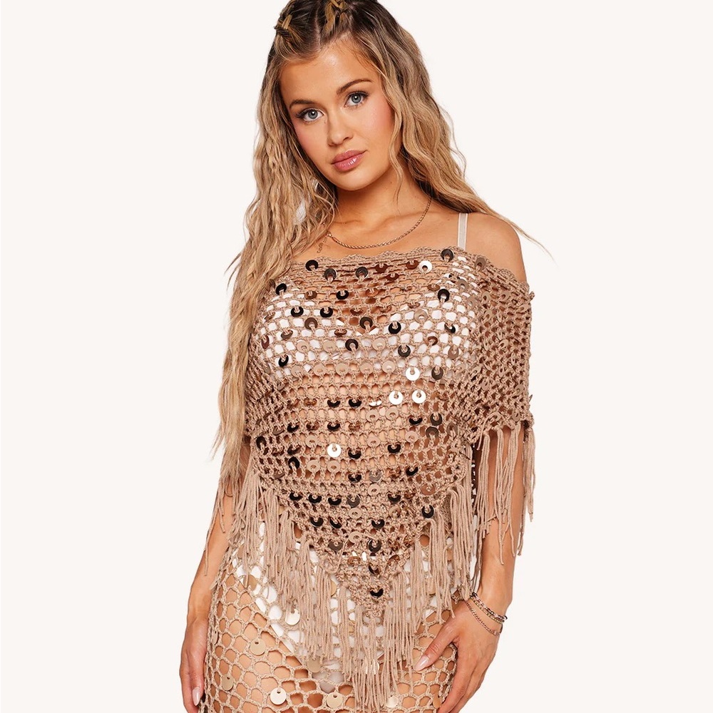 Crochet Fringe Sequin Poncho
